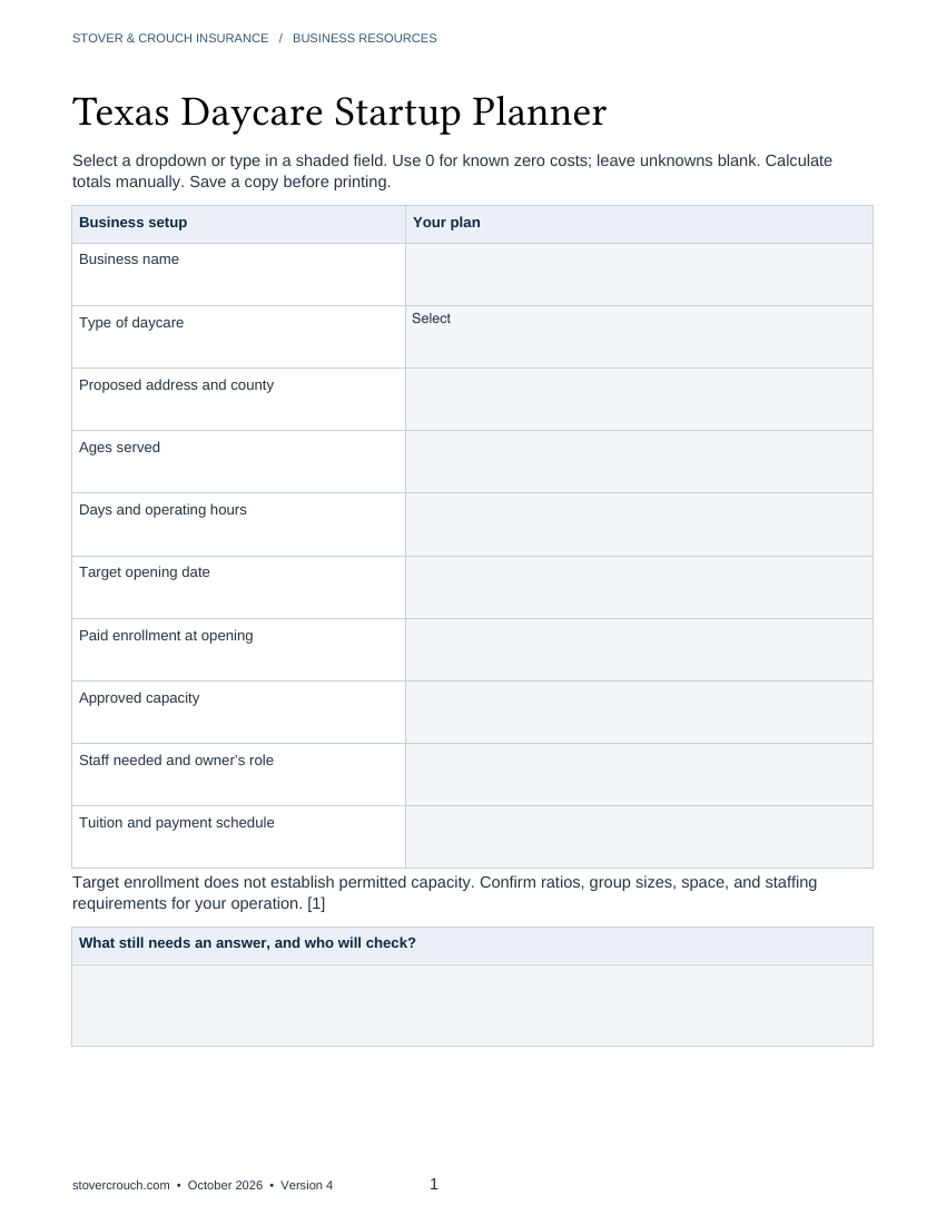 First page of the planner, with fields for business setup, enrollment, staffing and tuition.