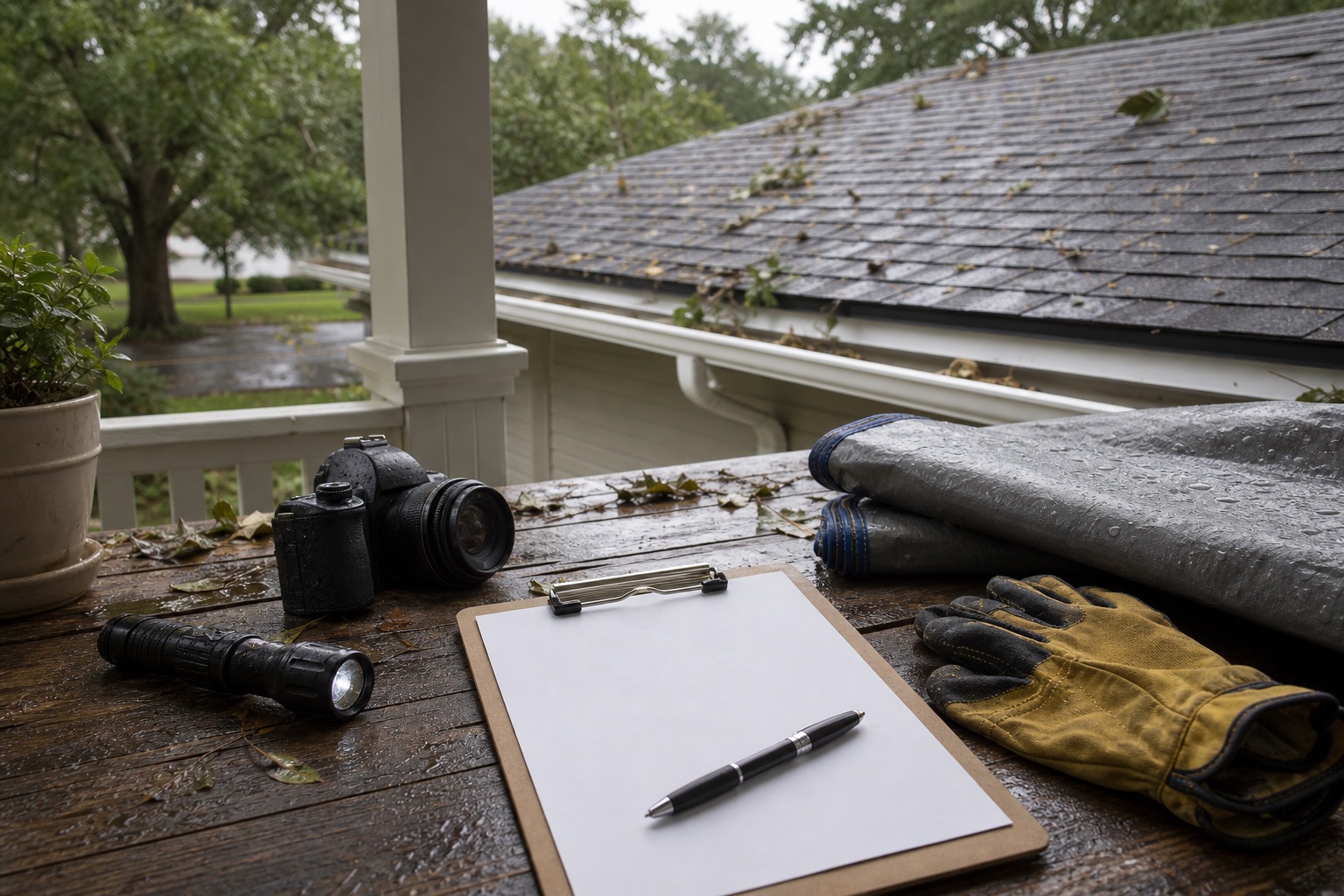 Storm follow-up supplies on a porch for claim documentation guidance
