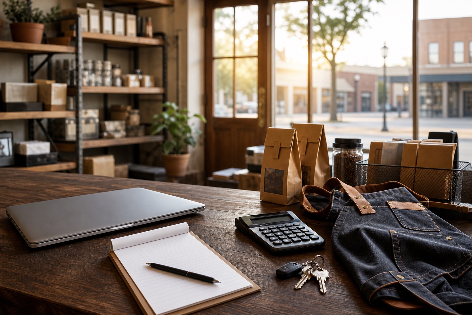 Small business counter with work tools for business insurance guidance