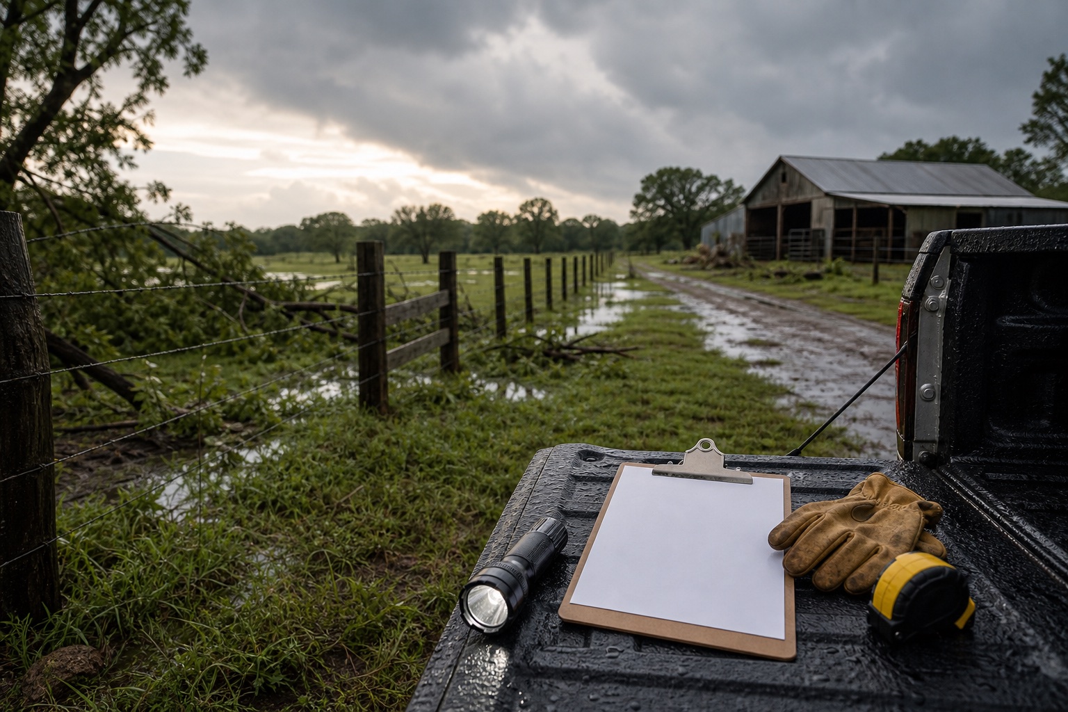 Rural storm documentation scene for farm and ranch claim preparation