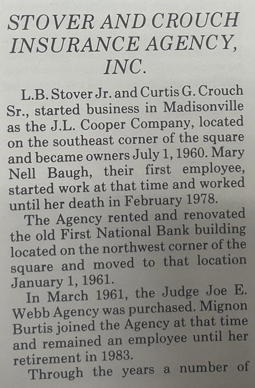 Madison County history book entry for Stover and Crouch Insurance Agency, Inc., describing the agency history from the J. L. Cooper Company forward