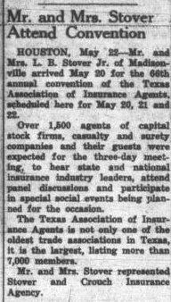 1964 Madisonville Meteor article: Mr. and Mrs. Stover attend the Texas Association of Insurance Agents convention