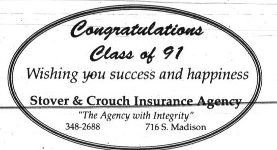 1991 Madisonville Meteor graduation ad from Stover and Crouch Insurance Agency congratulating the Class of 91